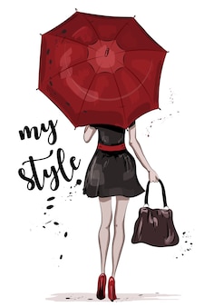 Woman in dress with red umbrella.