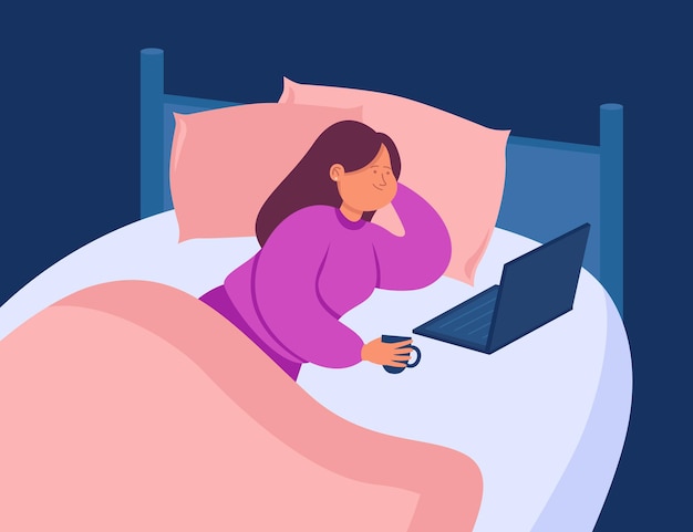 Woman drinking coffee and doing work in bed at home using laptop. Girl wearing casual clothes having rest with notebook in cozy bedroom flat vector illustration. Sunday, relax, life routine concept