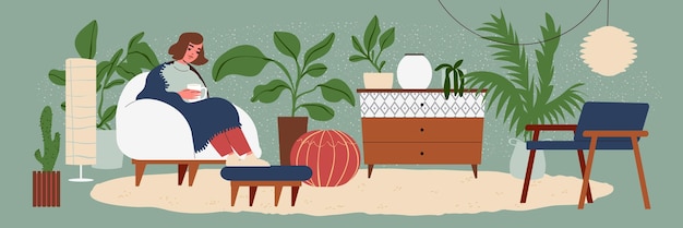 녹색 식물과 카펫 플랫 벡터 삽화가 있는 스칸디나비아 라곰 스타일의 아늑한 거실에서 차를 마시는 여성