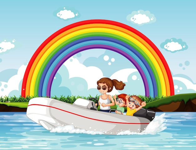 Free vector a woman driving speedboat with children in the river