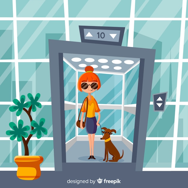 Free vector woman in elevator with her dog