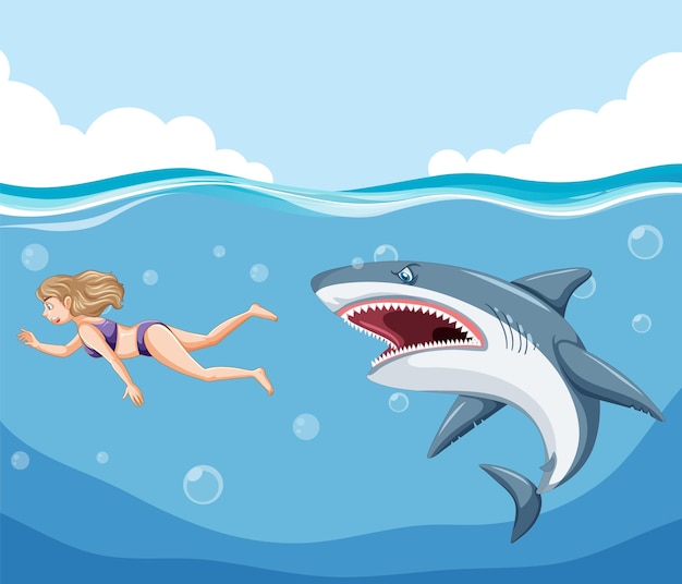 水中で攻撃的なサメから逃げる女性