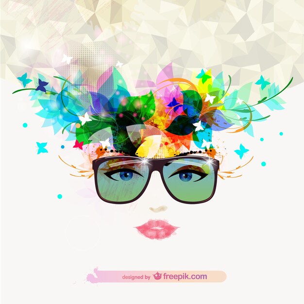 Woman face with sunglasses with flowers and butterflies in the hair