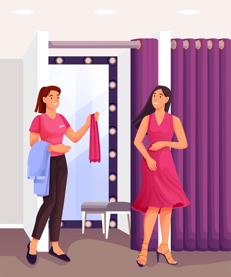 Free Vector woman in fitting room trying on dress shop assistant helping