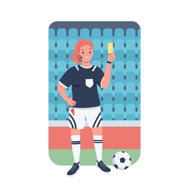 女性サッカー審判フラットカラー詳細キャラクター 職場での男女平等 ウェブグラフィックデザイン とアニメーションのためのスタジアムの孤立した漫画イラストで女性サッカーアービター プレミアムベクター