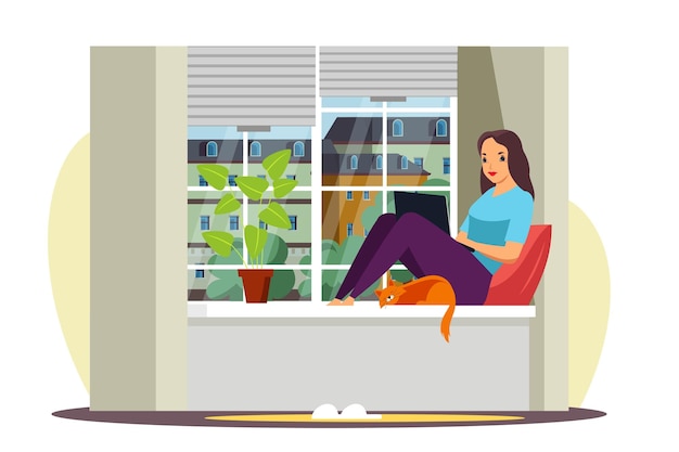 Free vector woman freelancer working at laptop sitting on windowsill remote worker at home office with cat