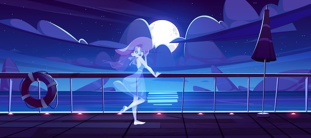 Free vector woman ghost on cruise ship deck at night.