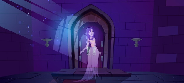 Призрак женщины в средневековом замке с деревянными дверями. векторный мультфильм жуткий иллюстрация входа в темницу, тюрьму или крепость и дух мертвой девушки. хэллоуин страшный фон с фантомной леди
