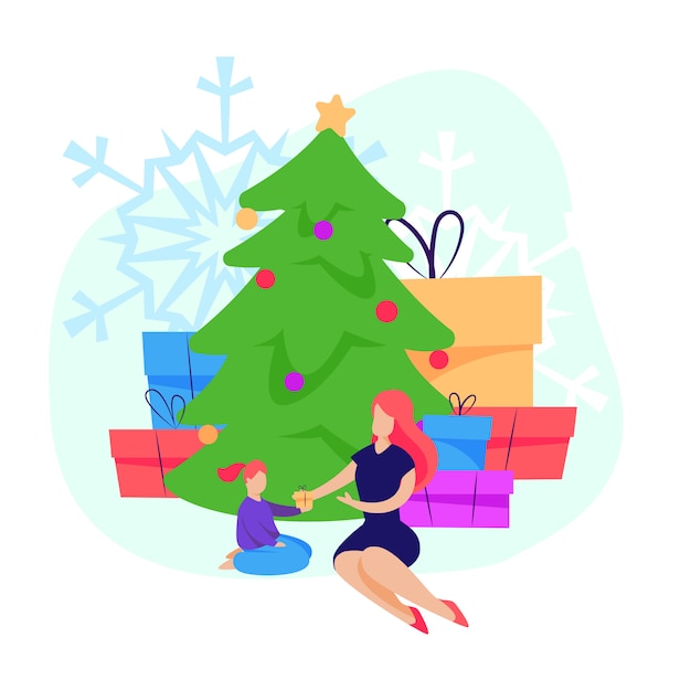 Free vector woman giving christmas gift to little daughter