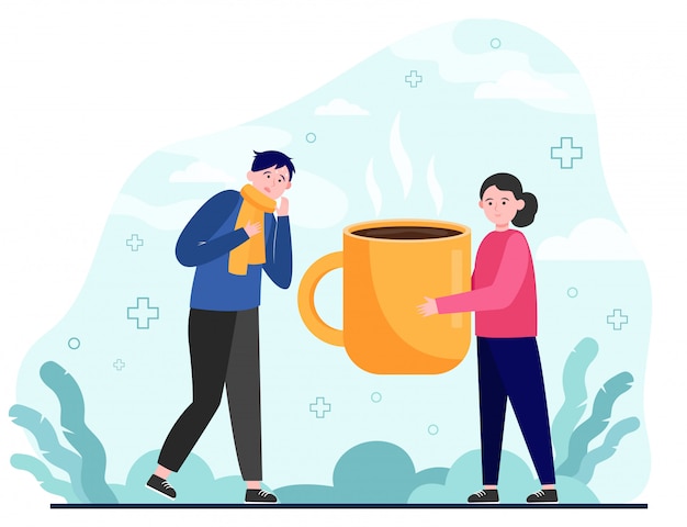 Free vector woman giving hot tea to sick man