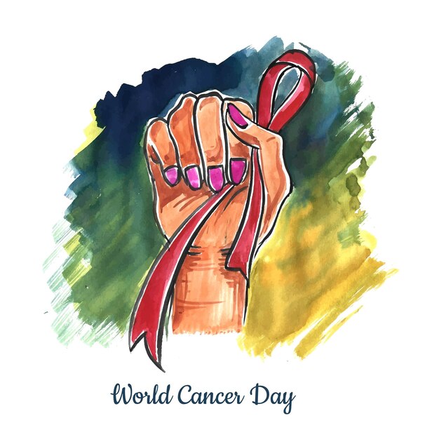 세계 암의 날 배경의 상징으로 리본을 든 여자 손
