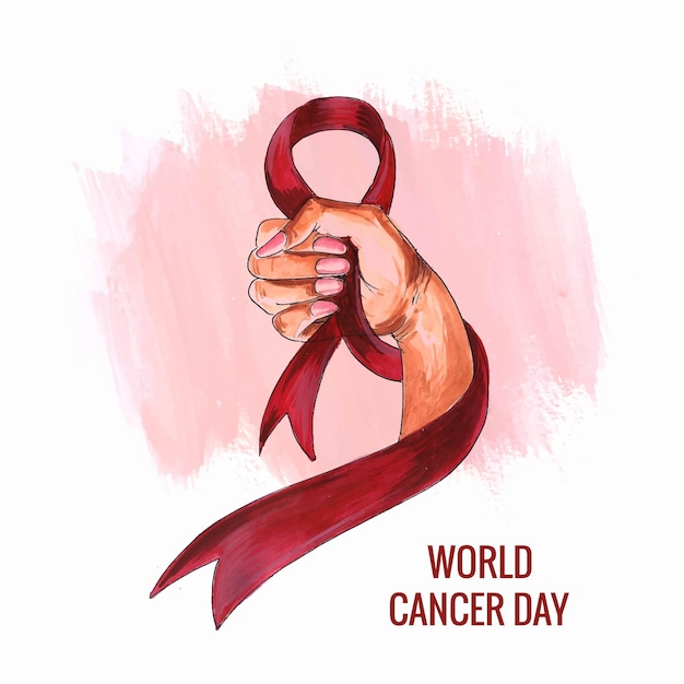 Woman hand with ribbon as symbol of world cancer day background