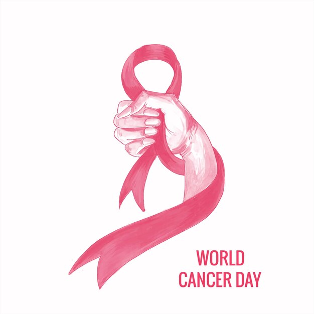 세계 암의 날 배경의 상징으로 리본을 든 여자 손