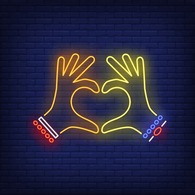 Woman hands showing heart gesture neon sign