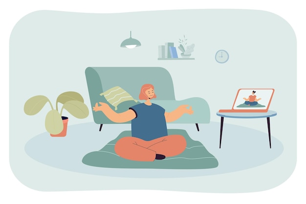 Woman having online yoga class. female character watching live video via laptop and doing exercises at home flat vector illustration. health, education, modern technology, leisure activity concept