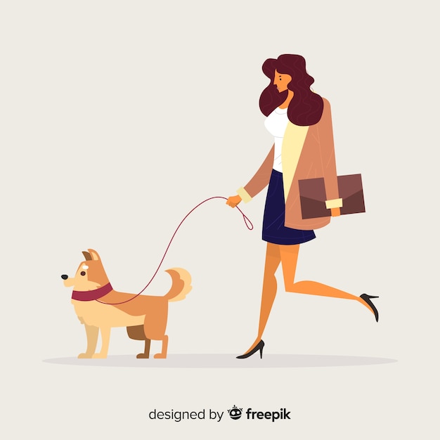 Free vector woman having a walk with her dog