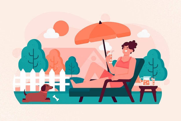Free vector woman and her dog staycation concept