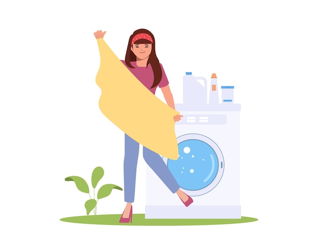 Woman housewife cleaning clothes with laundry washing machine