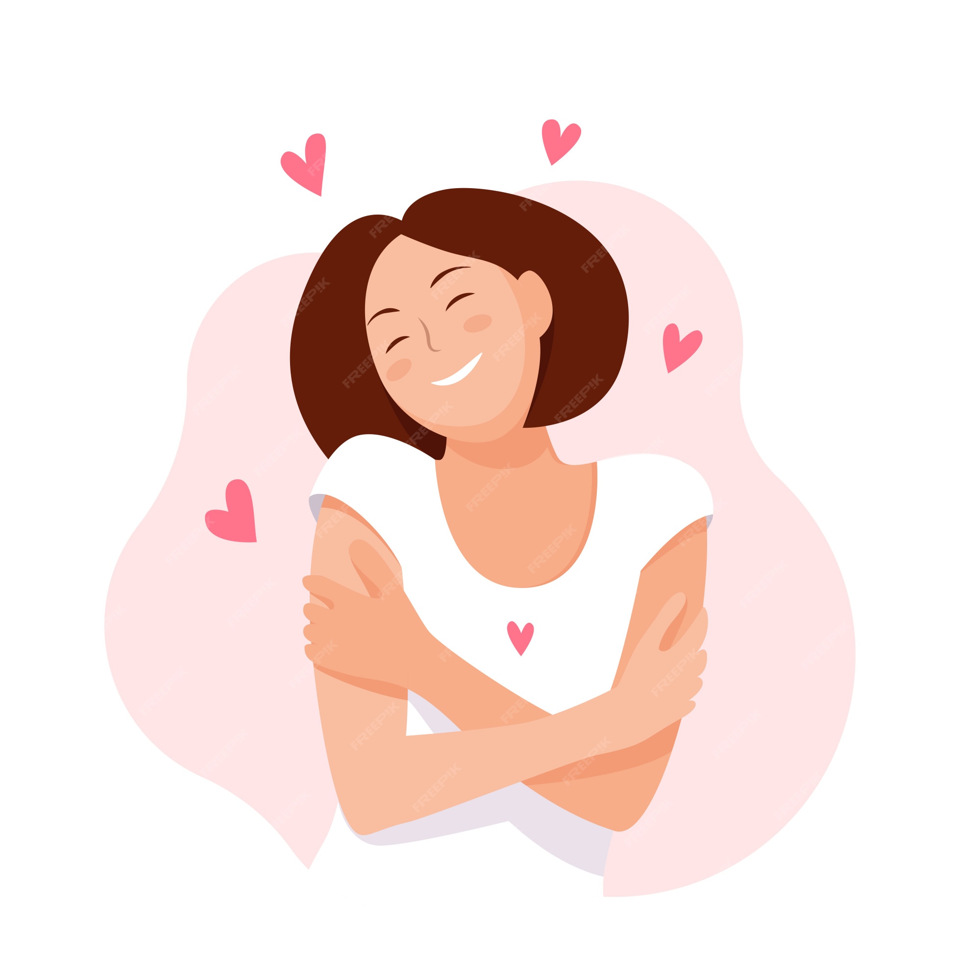 Premium Vector | Woman hugging herself with hearts. love yourself. love your body concept. vector illustration.