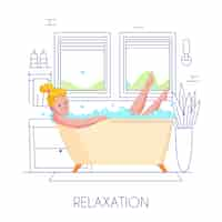 Free vector woman hygiene flat composition with young blond lady relaxing in bath stylish outlined contour