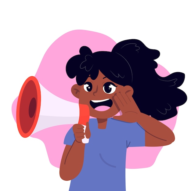 Woman illustrated screaming with a megaphone concept
