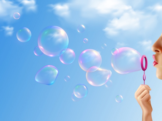 Free vector woman inflating soap bubbles with blue sky realistic