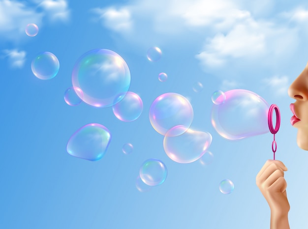 Woman inflating soap bubbles with blue sky realistic