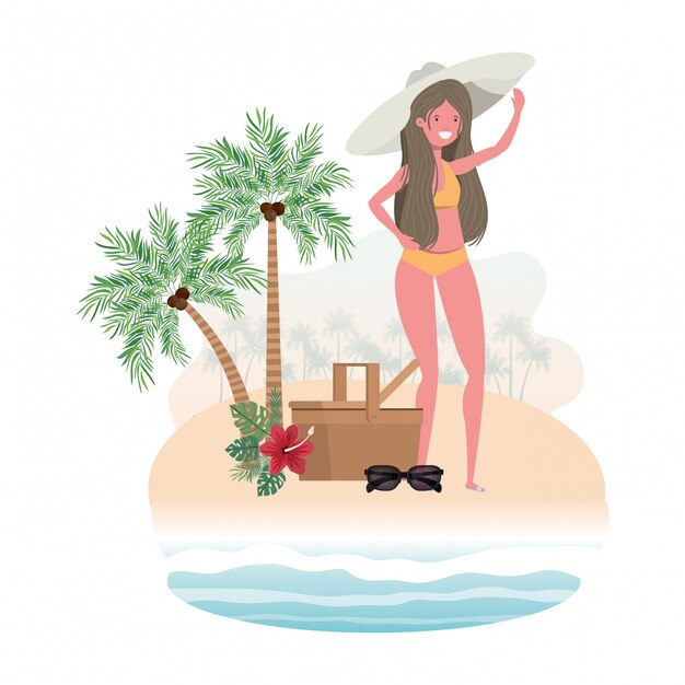 Woman on island with swimsuit and picnic basket