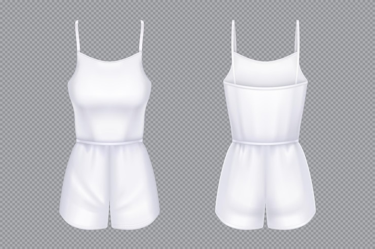 Free Vector woman jumpsuit mockup. vector 3d template of blank white female overalls with shorts and sleeveless tank top. realistic girls clothes, summer garment or nightwear isolated on transparent background