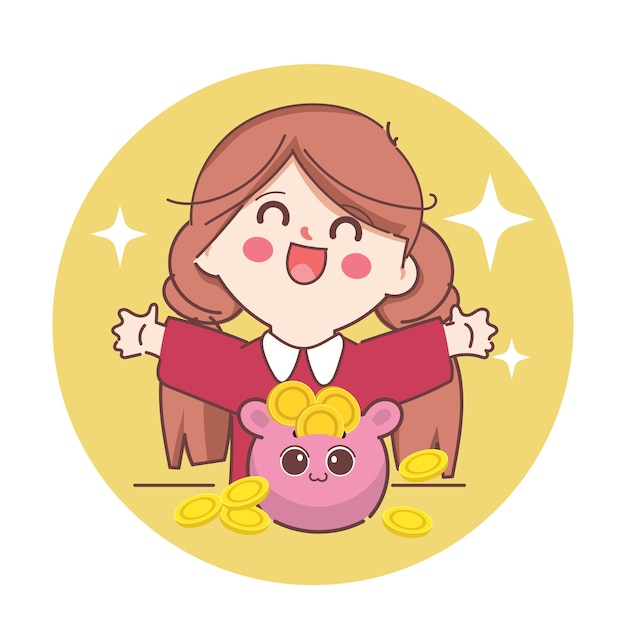 Free vector woman keeping coin with piggy bank saving money concept cute cartoon character doodle style