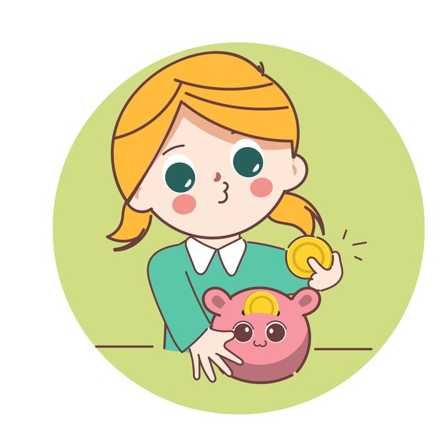 Woman keeping coin with piggy bank Saving money concept Cute cartoon character doodle style