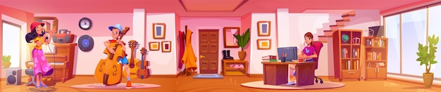 Free vector woman and kids in panoramic house interior