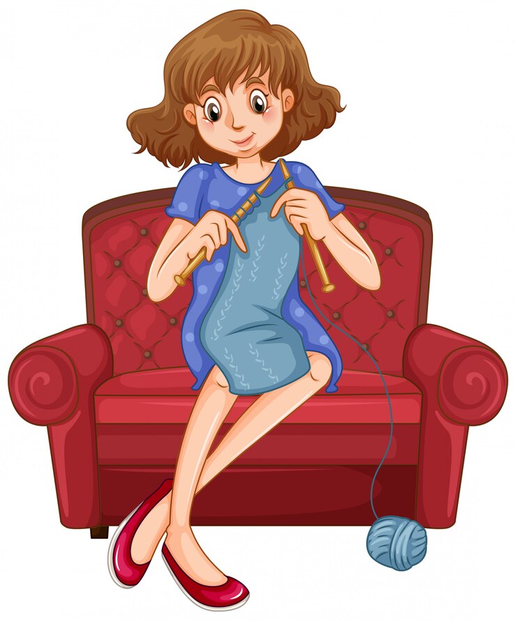 मुफ़्त वेक्टर woman knitting on the sofa at home