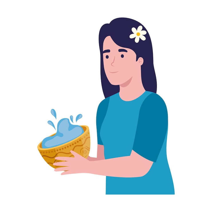 Free Vector woman lifting songkran bowl character