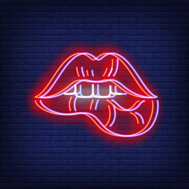 Woman lips biting neon sign with chromatic aberration effect