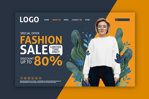 Free vector woman and liquid effect leaves landing page fashion sale