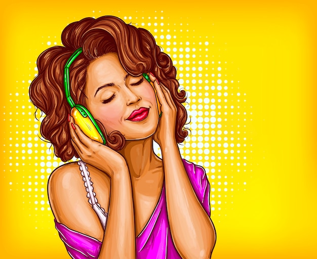 Free vector woman listening music in headphones pop art vector