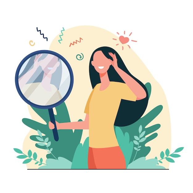 Free vector woman looking at mirror flat vector illustration. cartoon beautiful female characters smiling to her reflection. love of self, ego and narcissism concept