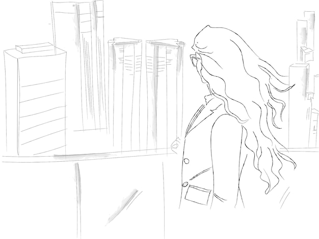 大都市のスカイラインを見て女性ベクトル ライン アート ストーリー ボード屋上ビジネス構造