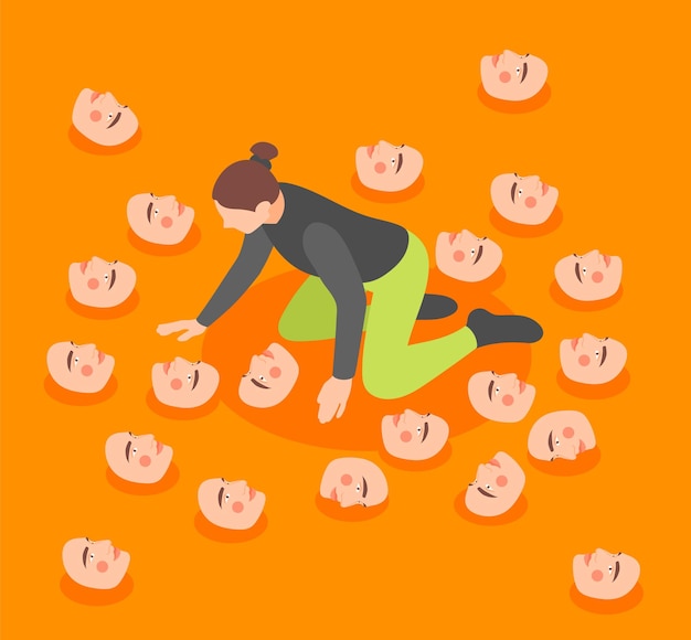 Free vector woman looking for social mask isometric concept on orange background vector illustration