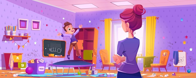 Free vector woman looks at messy kids room and boy