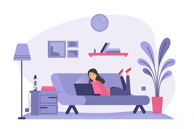 Free vector woman lying on couch and using laptop