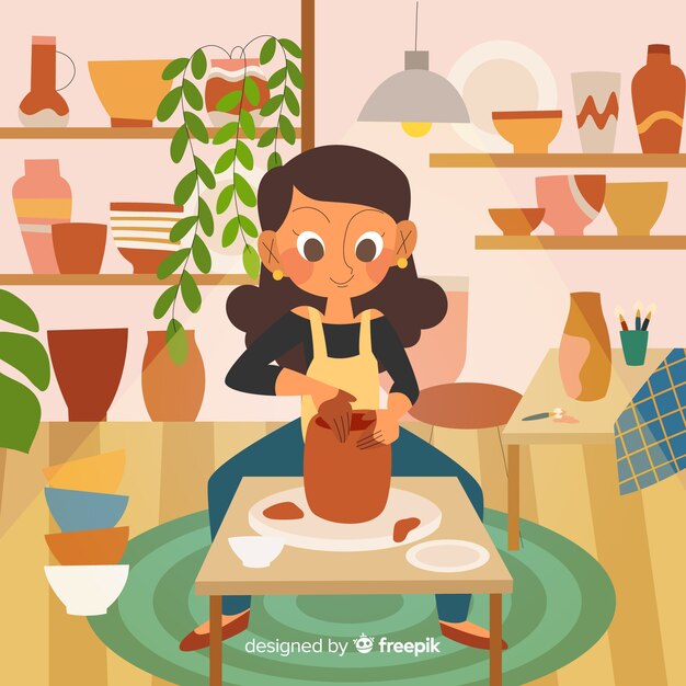 彼女の家で陶器を作る女性