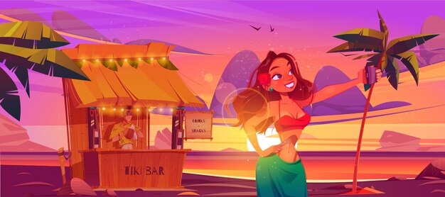 Woman making selfie front of tiki hut bar with barman on hawaii beach