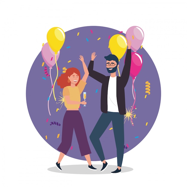 Free vector woman and man dancing with balloons decoration