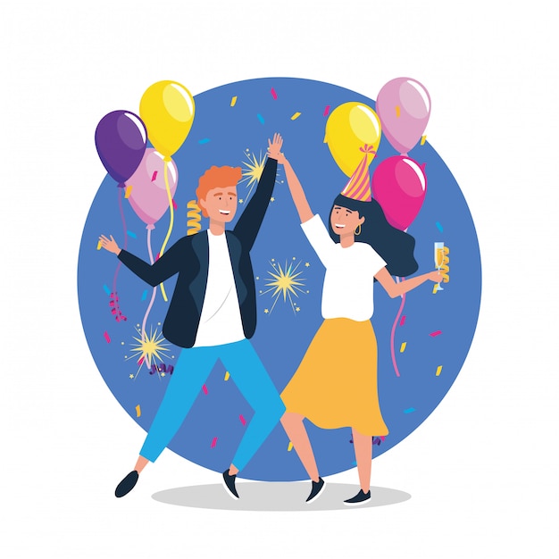 Free vector woman and man dancing with balloons and hat