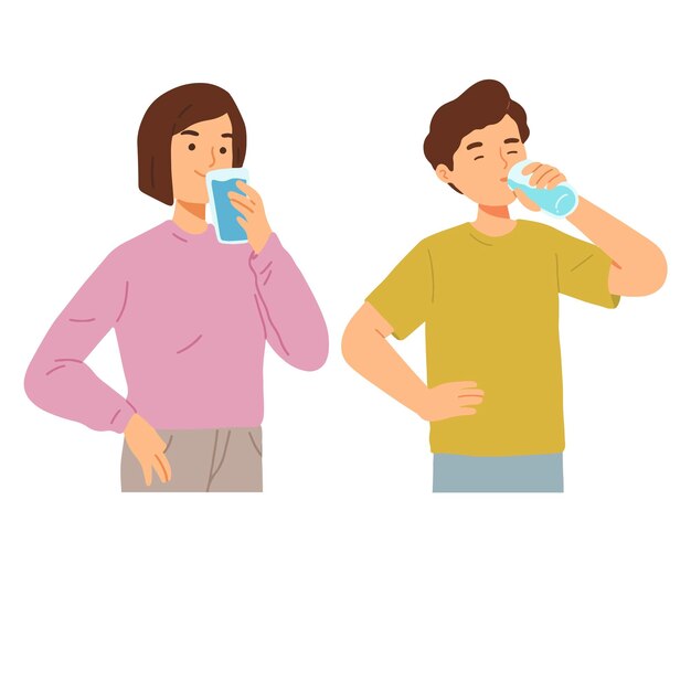 Woman man drink water health diet thirst hot hydration summer sport illustration vector clipart