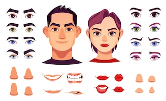 Woman and man face constructor elements