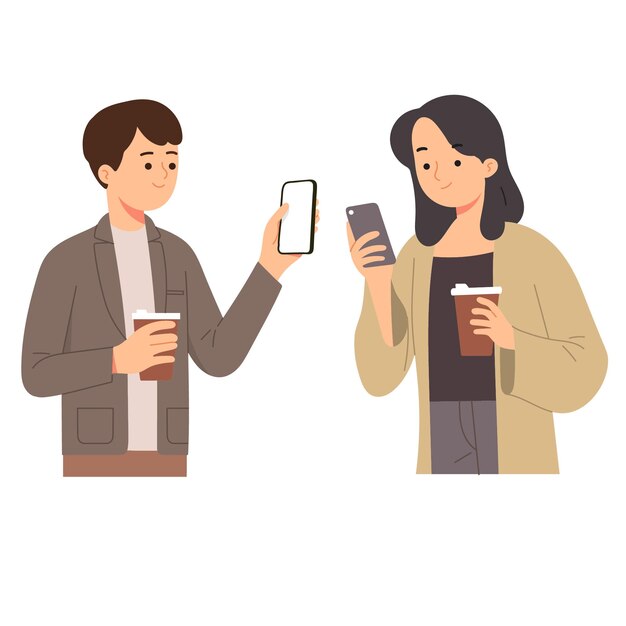 電話を見ながらコーヒーを持っている女性と男性はソーシャルメディアをチェックします