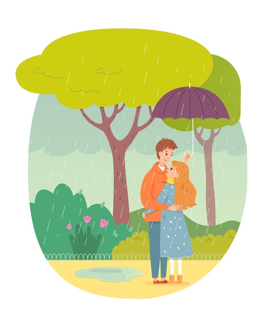 비가 오는 날씨에 우산 아래 포옹하는 여자와 남자 야외 공원에 서 있는 코트를 입은 로맨틱 커플 비 폭풍우 속에서 나쁜 날씨 사람들